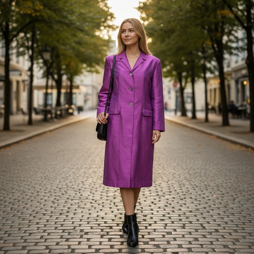 Amanda Smith Purple Dupioni Silk Style Long Coat Jacket Trench Bright Artsy